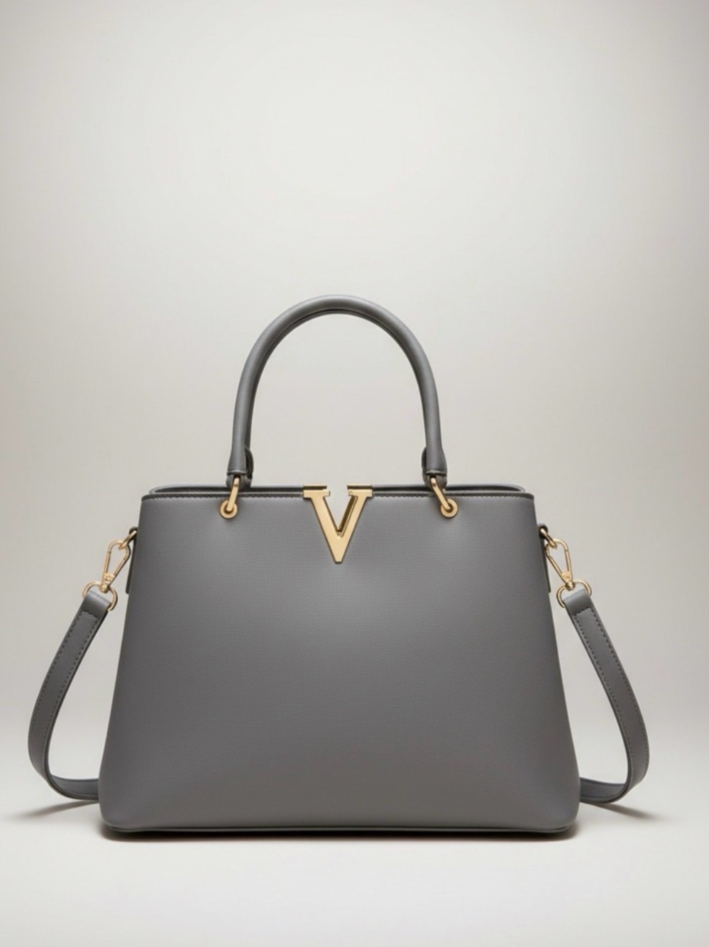 V-Plaque Satchel Handbag in Gray with Gold Hardware